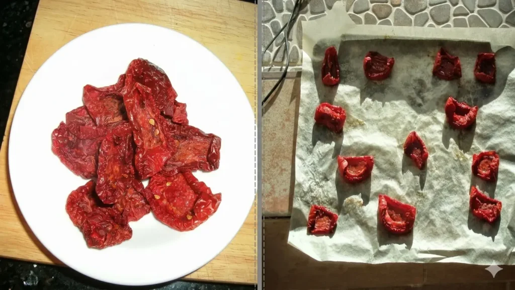 Homemade sun-dried tomatoes before and after drying – The Flexible Chef
