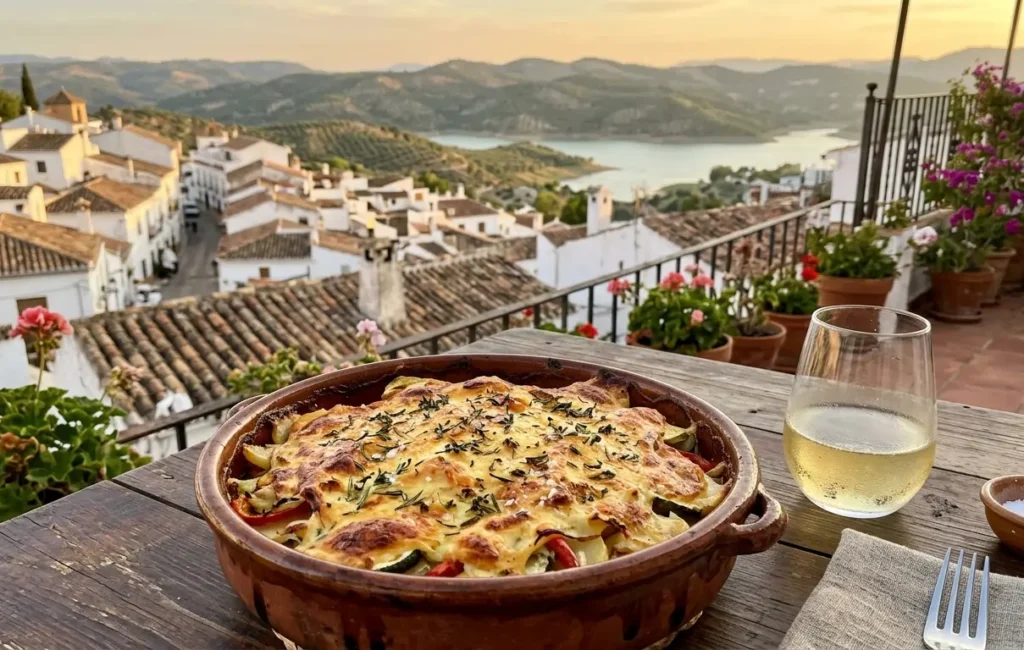 Vegetable bake with golden Parmesan and herb crust in a terracotta dish on a roof terrace in Cordoba province, Andalucía, with white wine and terracotta rooftops at sunset