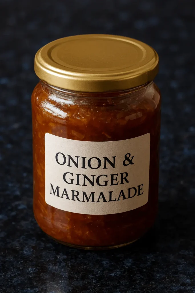 Homemade onion and ginger marmalade in a glass jar on a dark speckled granite worktop — Casa Adora