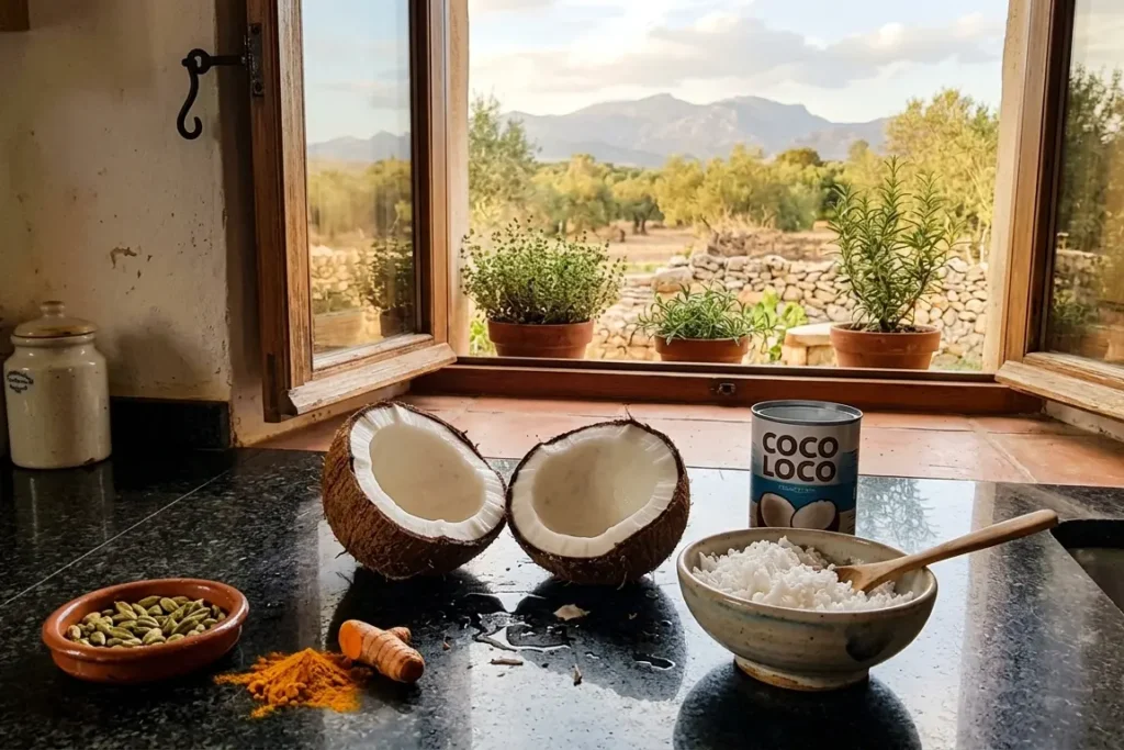 Fresh coconut split open on the Casa Adora kitchen worktop with turmeric, cardamom and grated coconut — chicken coconut curry ingredients
