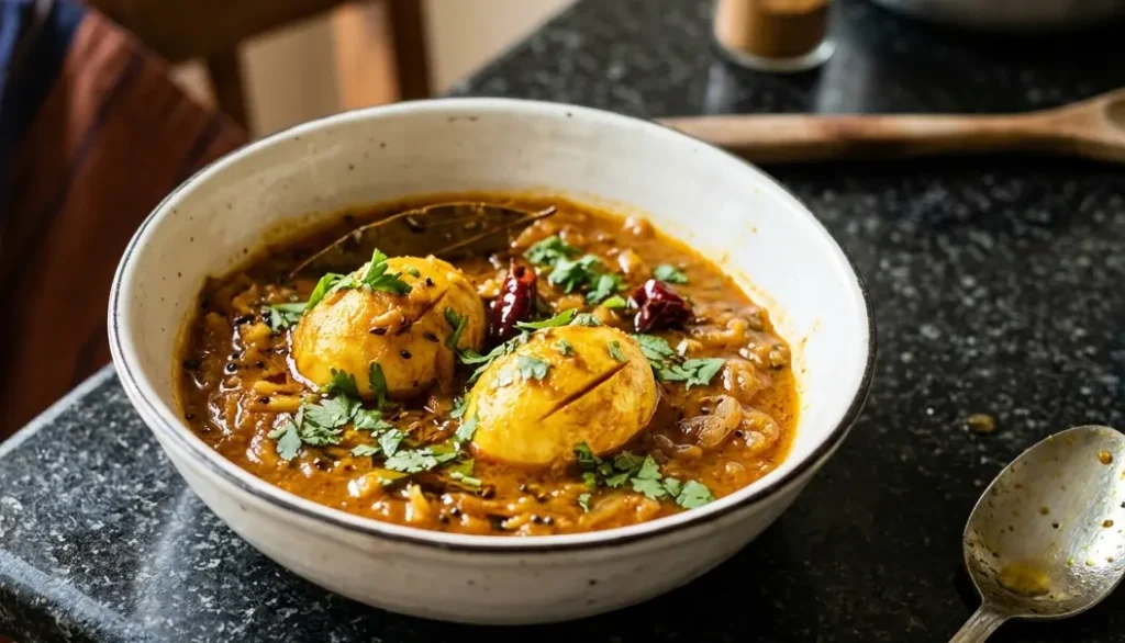 Bangla egg curry Dimer Kosha — two boiled eggs in a richly spiced Bengali tomato sauce with mustard seeds, bay leaf and fresh coriander