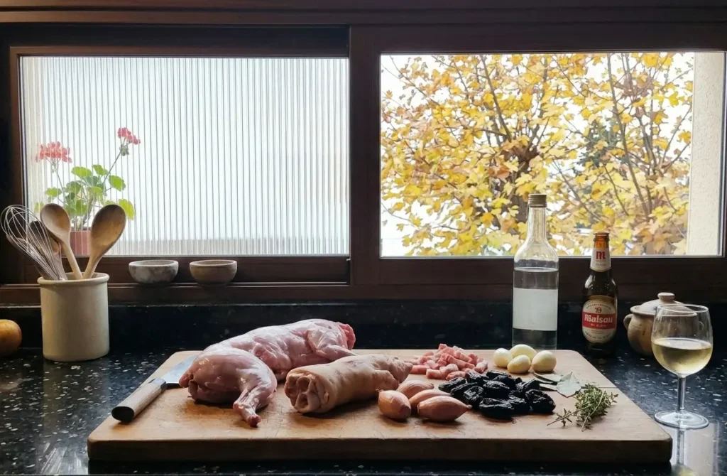 Rabbit, pig's trotter, prunes, lardons and shallots on a chopping board — ingredients for a French rabbit and prune casserole – Casa Adora