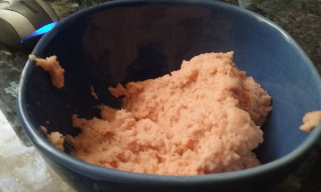A blue bowl filled with fresh salmon spread — smoked salmon pâté recipe — The Flexible Chef