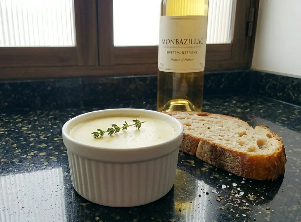 Kevin's luxurious chicken liver parfait in a white ramekin with crusty bread and a bottle of Monbazillac sweet white wine — Casa Adora
