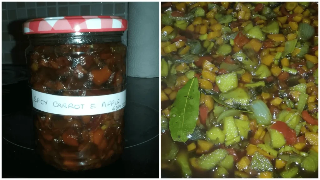 Spicy carrot apple chutney in a labelled jar alongside the chunky vegetables cooking in the pan