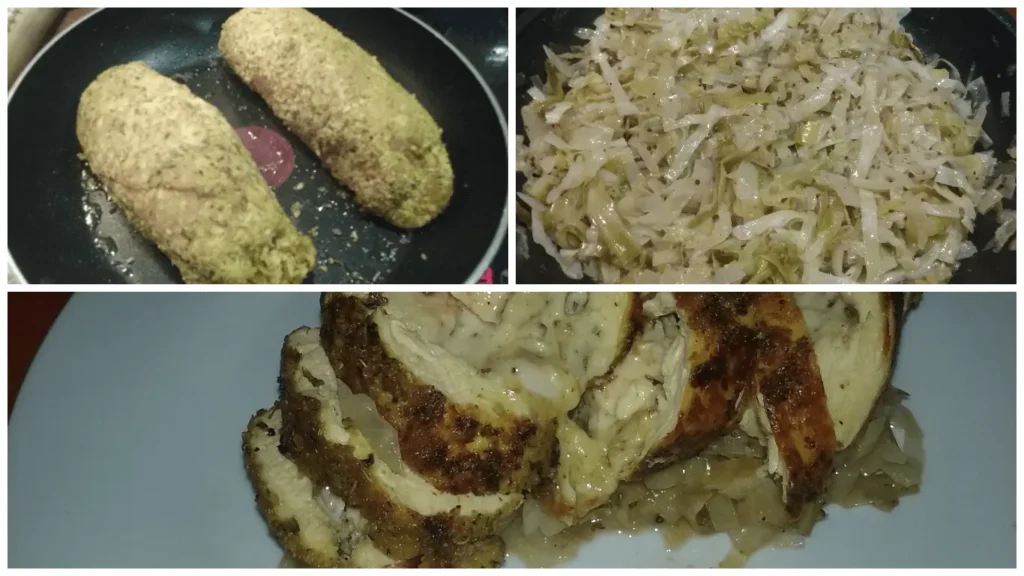 Emmental stuffed chicken breast in breadcrumbs, cider-braised cabbage and leeks, and the finished sliced chicken served on cabbage — Córdoba province