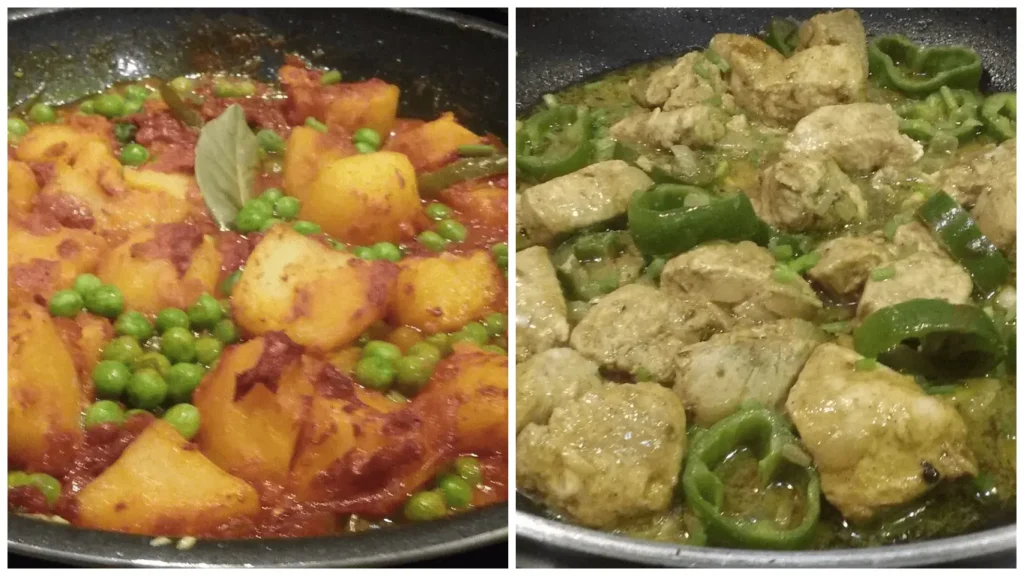 Jeera chicken recipe with aloo dum — cumin chicken and spiced potato and peas cooking in pans at Casa Adora