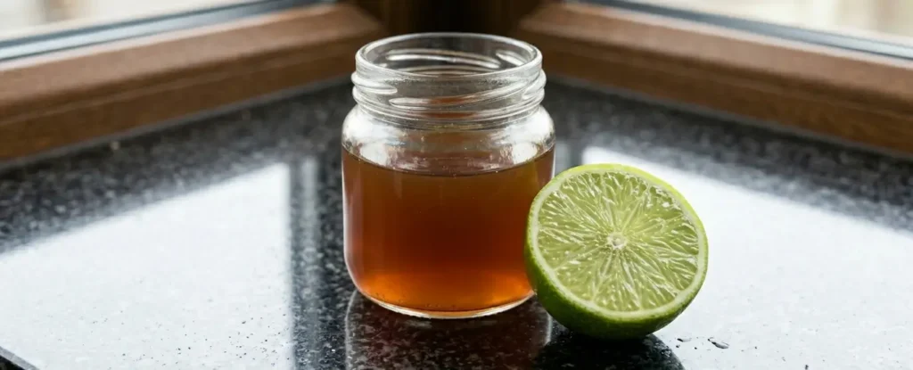 Homemade ponzu sauce in a glass jar with a halved lime on black granite worktop — Japanese citrus dipping sauce — The Flexible Chef