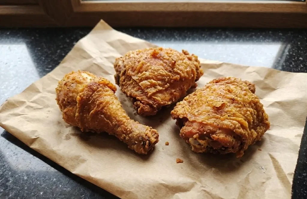 Three golden crispy fried chicken pieces on brown kraft paper — homemade KFC chicken coating MSG free — The Flexible Chef