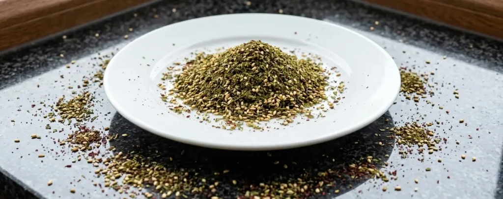 Homemade za'atar spice blend on a white plate with spilled mix on granite worktop — Middle Eastern herb blend — The Flexible Chef