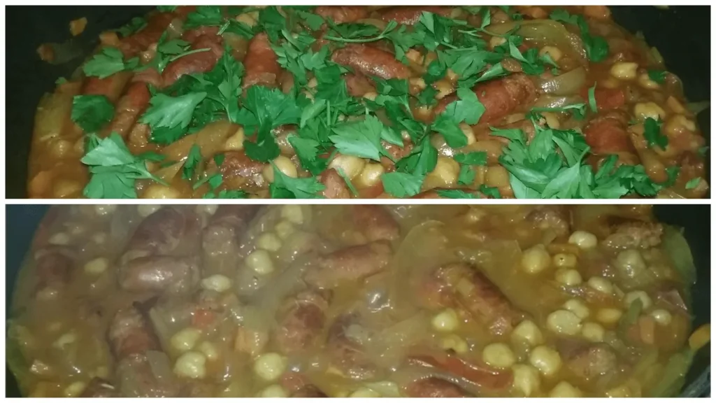 Sausage and chickpea simmer with flat-leaf parsley, before and after finishing, in a deep frying pan
