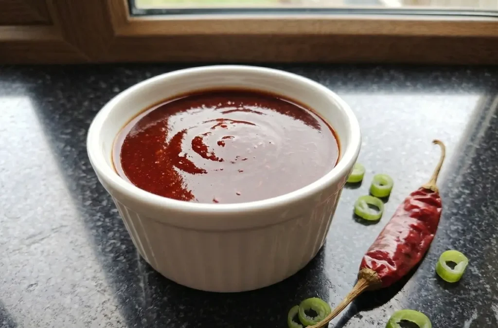 Homemade Schezwan sauce in a white ramekin with dried chilli and spring onion on granite worktop — The Flexible Chef