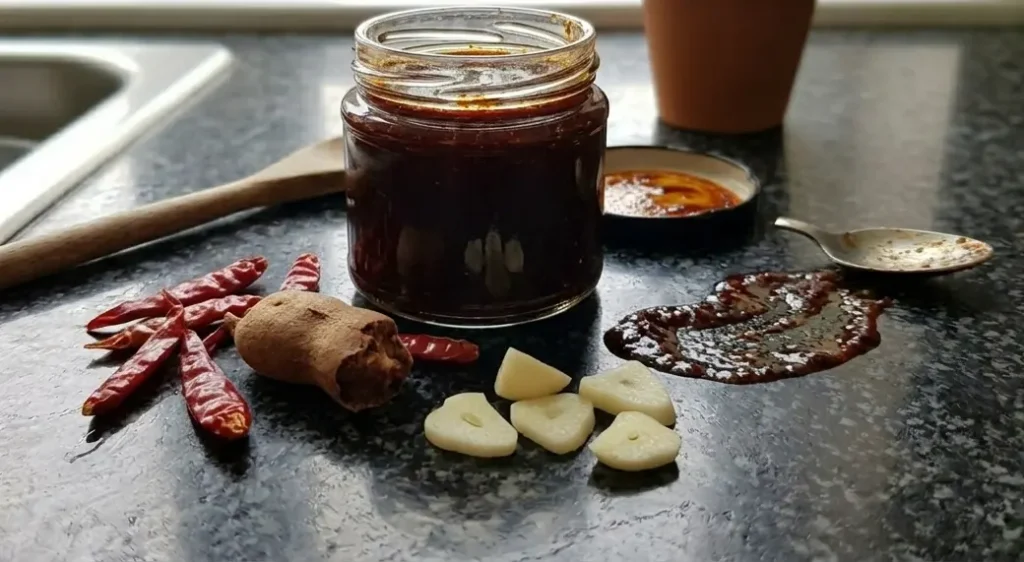 Naam Prik Pao Thai chilli sauce in a jar with dried red chillies, tamarind block and sliced garlic on black granite — Casa Adora