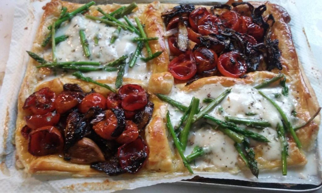 Roasted Cherry Tomato Tart with Balsamic Onions & Wild Asparagus
