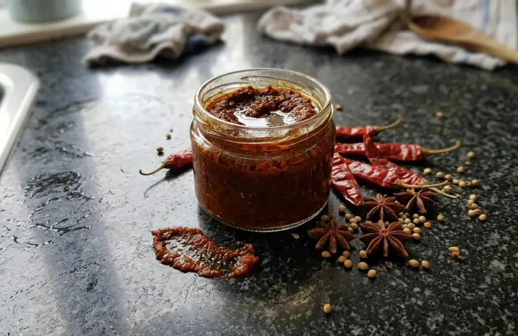 Goan xacuti curry paste in a jar on black granite worktop with Kashmiri chillies, star anise and coriander seeds