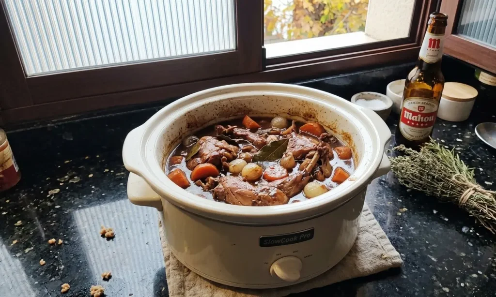 Autumnal slow cooker wild rabbit casserole in an off-white SlowCook Pro pot on a black granite worktop – The Flexible Chef