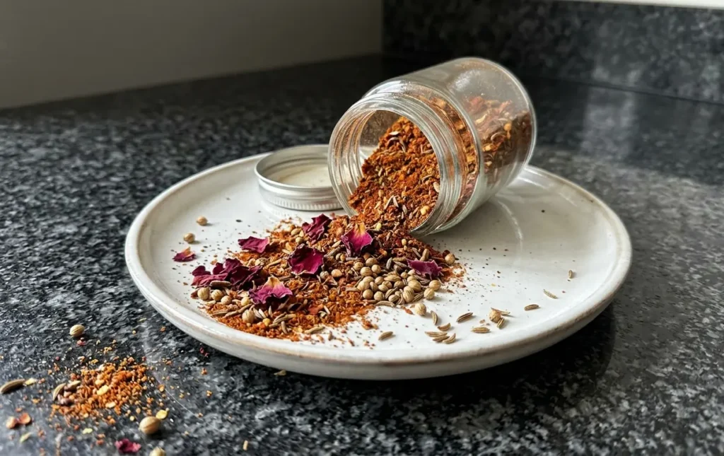 Homemade tabil spice blend spilling from a jar onto a white plate – tabil spice blend – The Flexible Chef