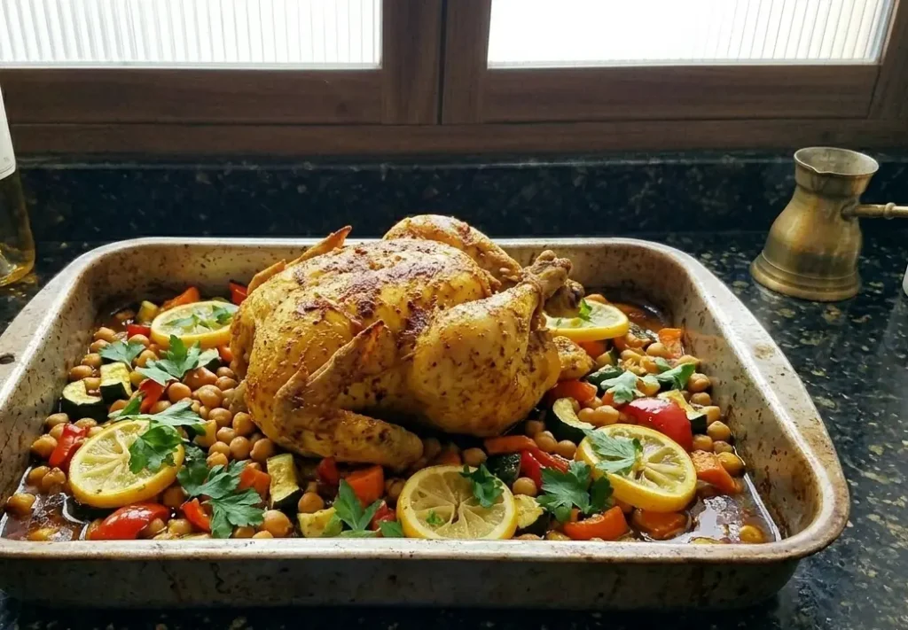 Whole roast chicken with chickpeas, courgette, red pepper and lemon in a roasting tray — Casa Adora