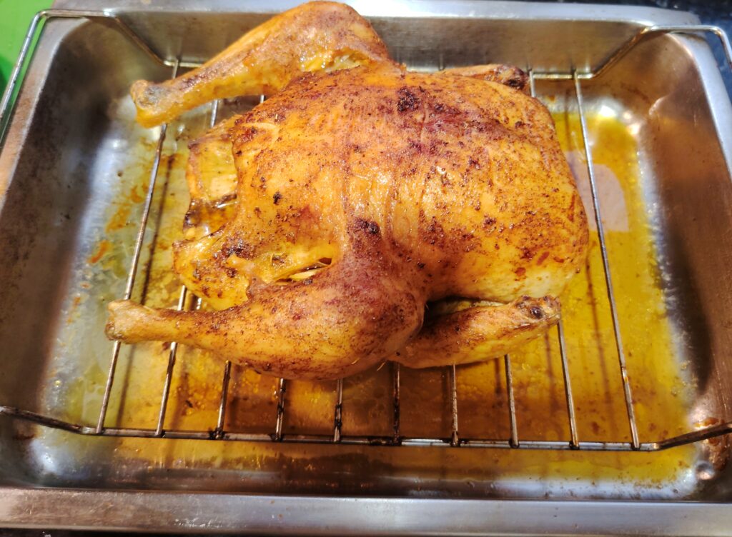Slow roast whole free-range chicken golden from the oven — slow roast whole free range chicken — The Flexible Chef