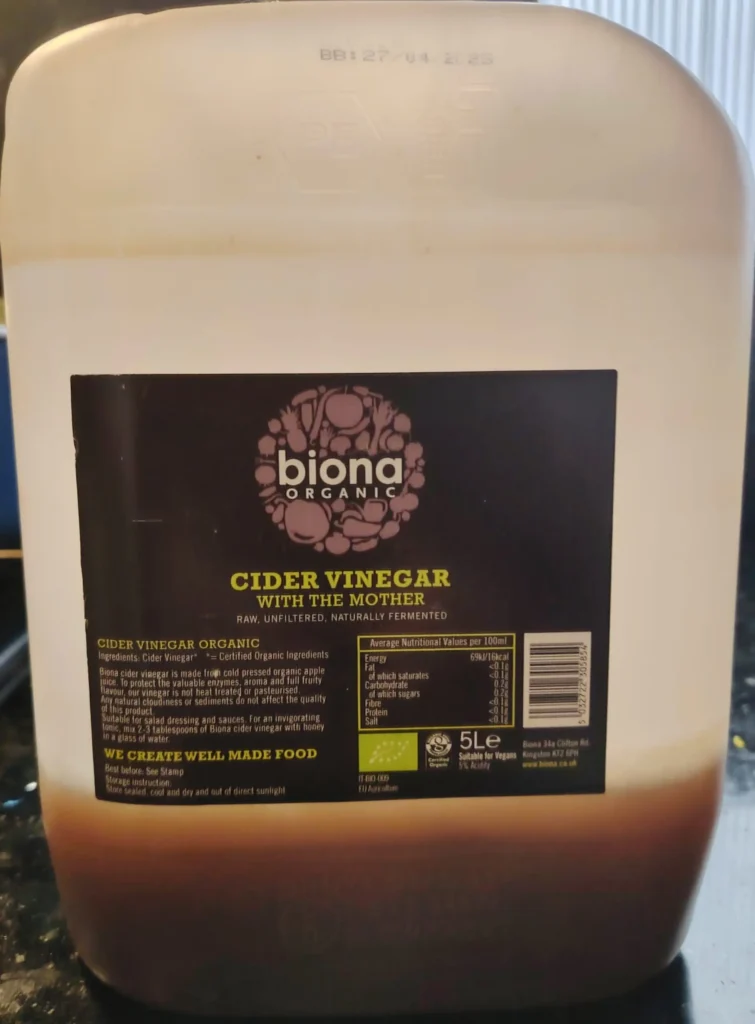 5-litre Biona organic cider vinegar with the mother on the Casa Adora worktop – apple cider vinegar uses – The Flexible Chef