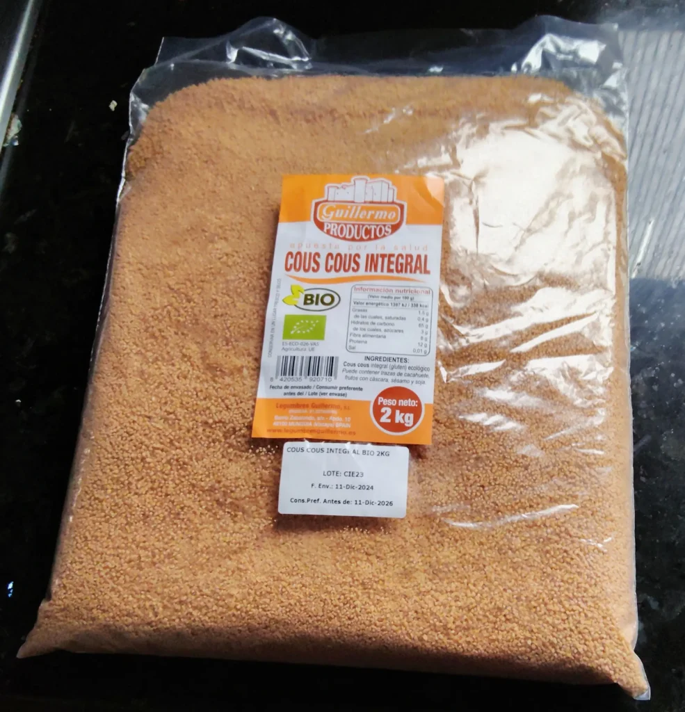 A 2kg bag of Guillermo Productos Bio Integral Couscous on the kitchen worktop at Casa Adora, Andalucía