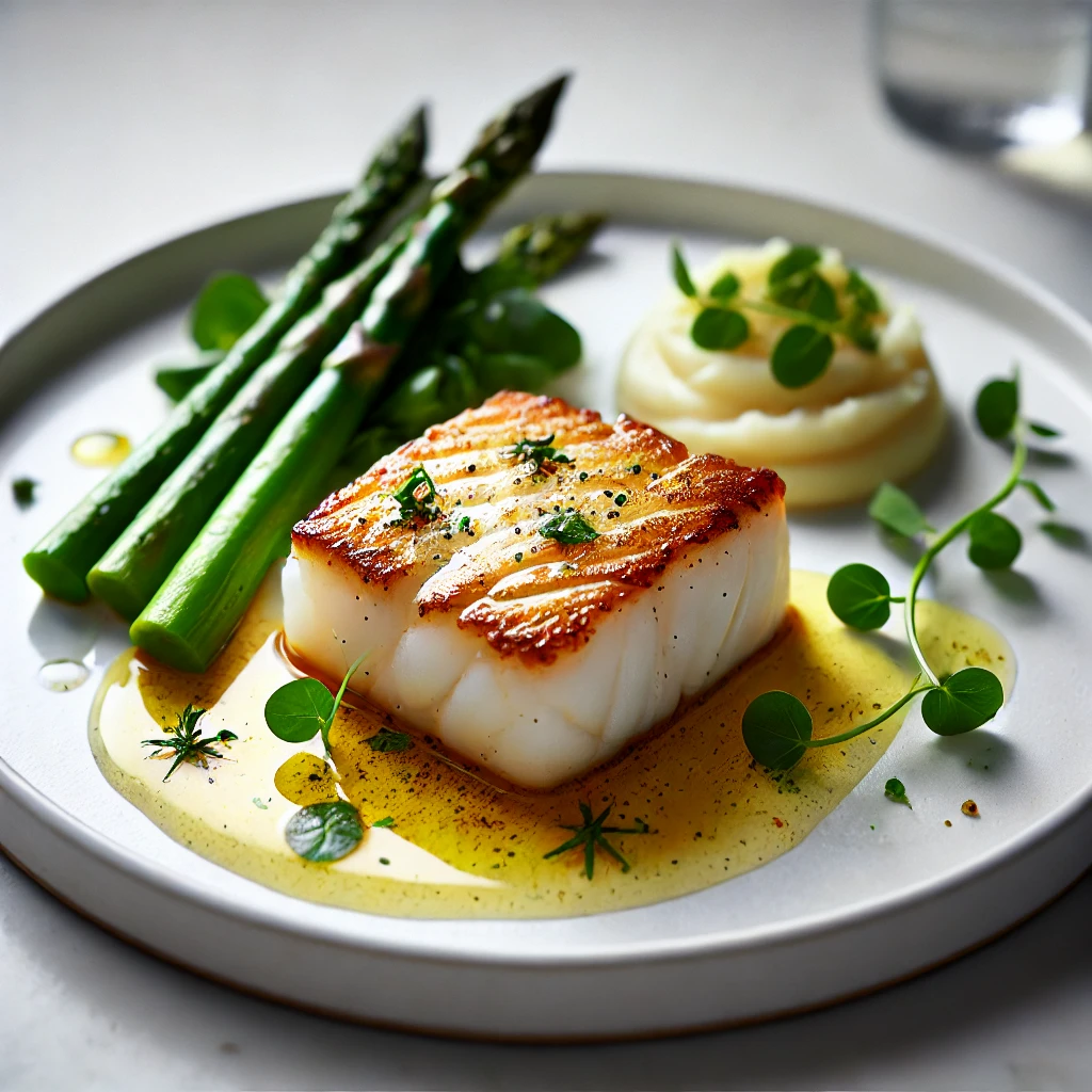 A crispy skin pan-fried Skrei cod fillet served with a vibrant garnish of tomatoes, olives, and capers on a white plate.