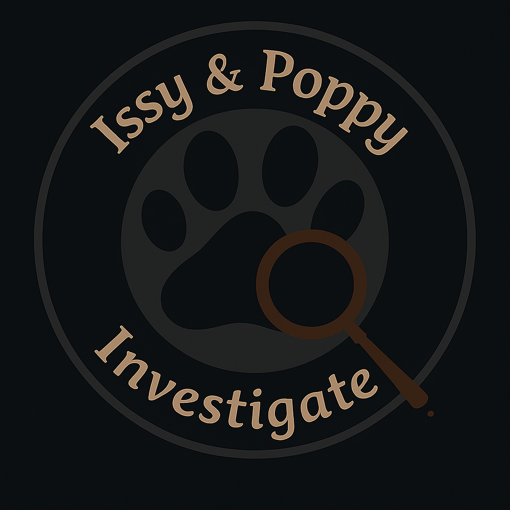 Logo depicting paw print and magnifying glass. Issy & Poppy Investigate.
