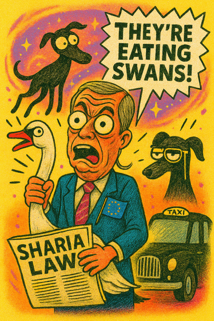 Cartoon depicting Nigel Farage holding a swan that he claims migrants are eating.