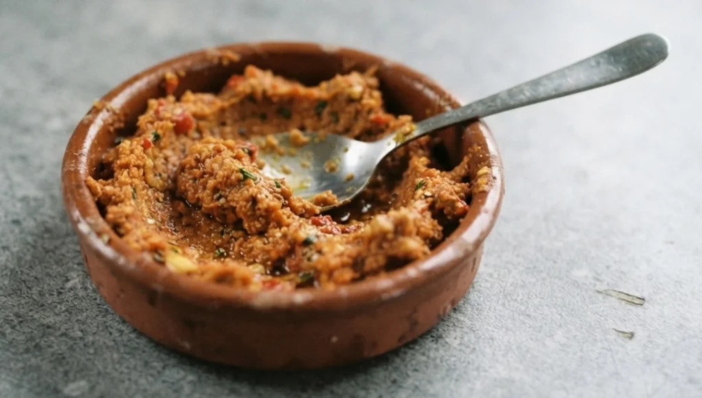 Piquillo pepper pâté in a terracotta dish with a spoon — The Flexible Chef