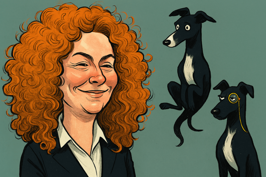 Caricature of Rebekah Brooks with exaggerated curly ginger hair and smug expression, observed by two cosmic black greyhound detectives ā Issy levitating and Poppy wearing a monocle ā satirical illustration of phone hacking scandal.