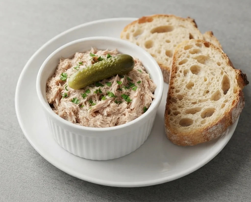 Sardine rillettes recipe in a white ramekin with crusty bread and cornichons — The Flexible Chef