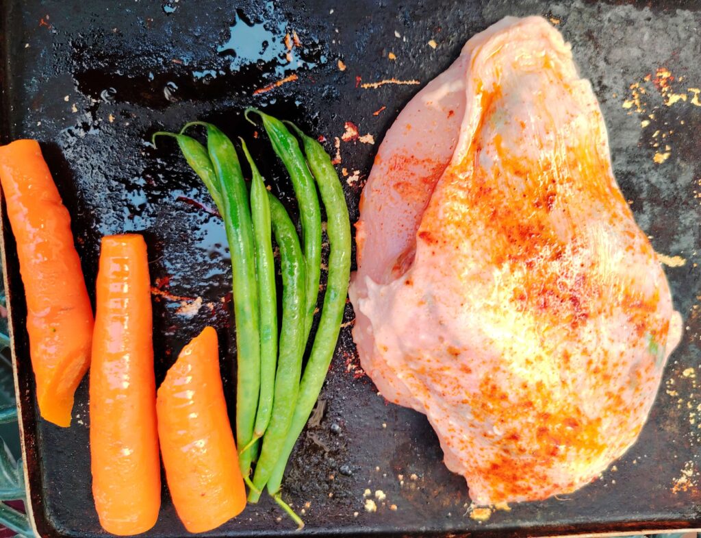 Oven ready stuffed chicken breast with carrots and green beans