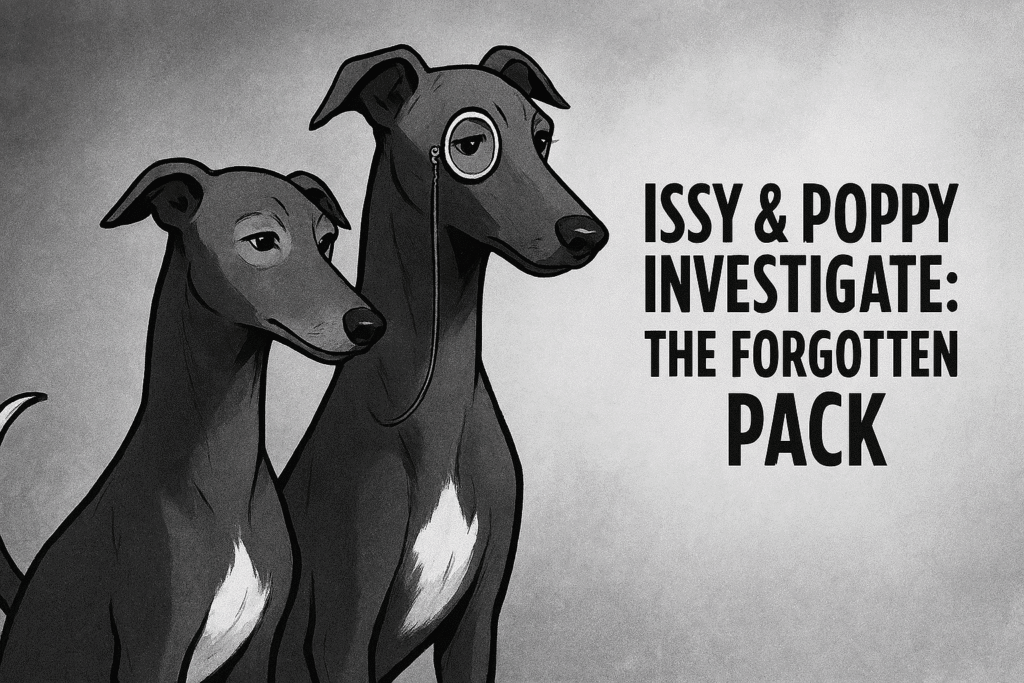 Black-and-white cartoon of two greyhounds with white chests and greying snouts. One wears a monocle; the other has a white-tipped tail. Illustration for “Issy & Poppy Investigate: The Forgotten Pack” story about Spain’s excluded hunting dogs.