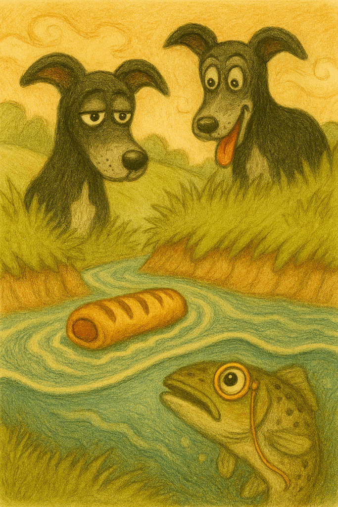 Two black greyhounds with greying snouts watch a sausage roll float downstream past a monocled trout. Surreal cartoon commentary on UK water company greed.