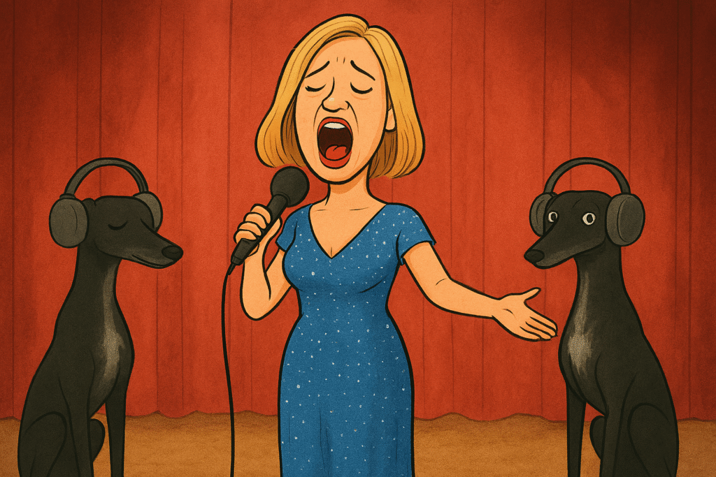 Cartoon of Andrea Jenkyns singing on stage in a sparkly blue dress, flanked by two black greyhounds with white chests wearing oversized ear muffs. Red curtain backdrop, theatrical lighting, and visible canine discomfort.
