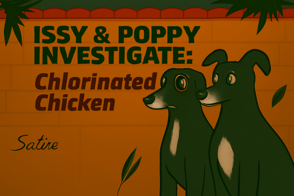 Cartoon-style poster titled “Issy & Poppy Investigate: Chlorinated Chicken.” Two black greyhounds with white chests and greying snouts stand upright on the right, facing left. One wears a monocle; the other has a white-tipped tail. Both look serious. Behind them is an orange brick wall topped with red roof tiles. Green leaves frame the top corners. “Satire” is written in cursive at the bottom left.