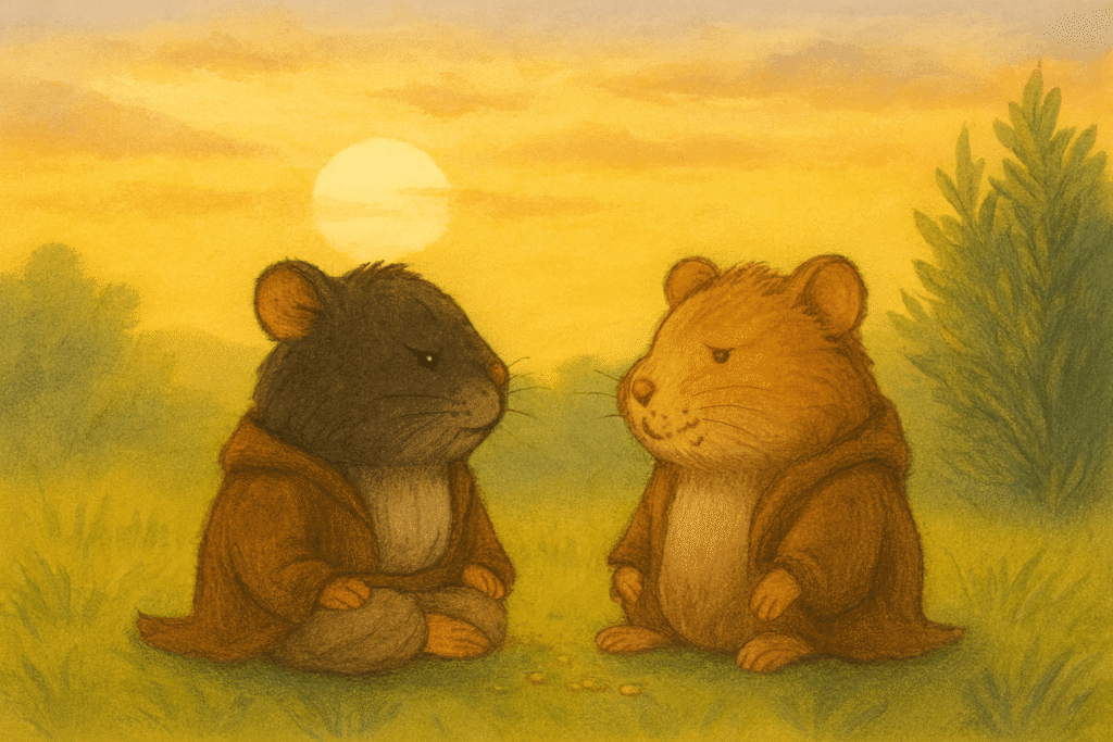 Watercolour illustration of two hamsters seated cross-legged on grass at sunset, both wearing brown monk-like robes. The left hamster has dark grey fur and a solemn expression with closed eyes, while the right hamster has golden-brown fur and crumb-covered whiskers, gazing intently at its counterpart. The background features a glowing sun, soft hills, and tall greenery, creating a peaceful yet slightly tense atmosphere.
