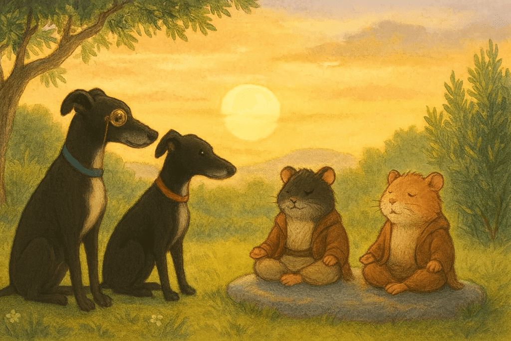 Issy and Poppy watch Jedi hamster Master Whisker-Wan and twin Stanley meditate in the garden at sunset