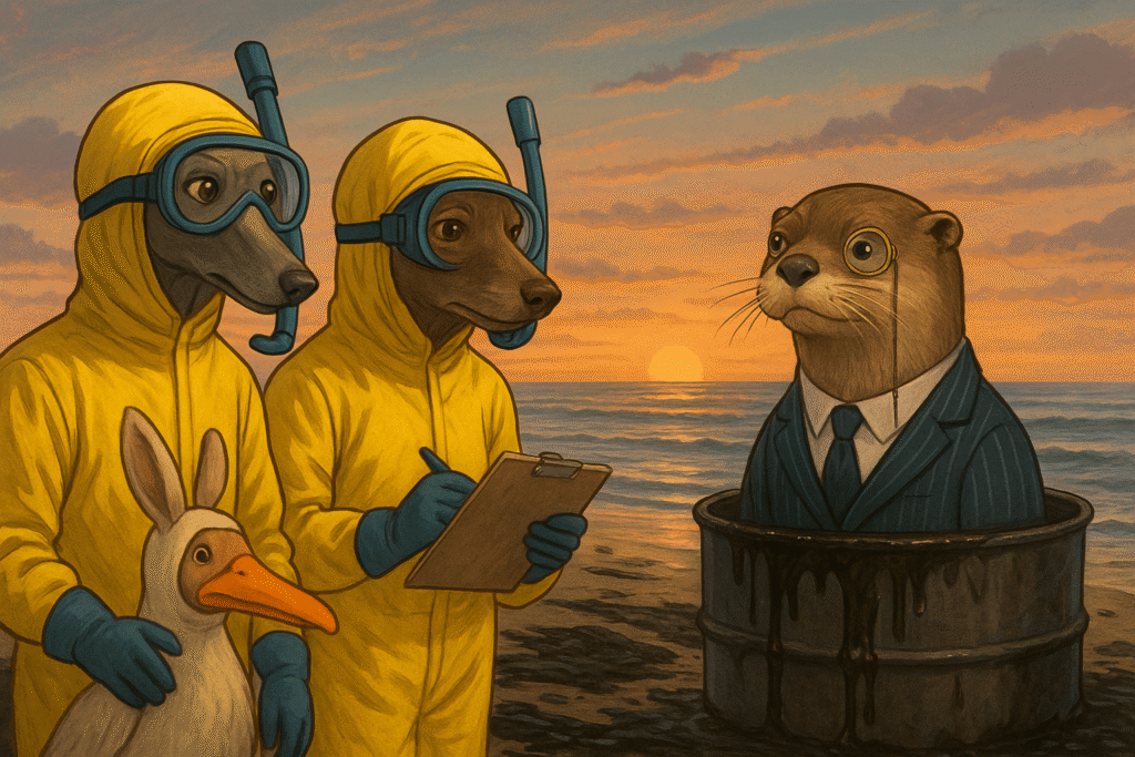 Two greyhounds in hazmat suits and snorkel masks investigating an oil-streaked beach; a monocled otter in a pinstripe wetsuit peers from an oil barrel while a rabbit in a pelican costume and a hedgehog with a clipboard look on. Moody sunset lighting, satirical tone, detailed illustration style.