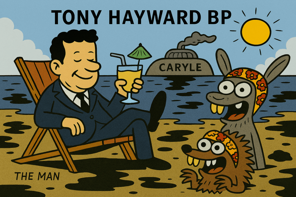 Tony Hayward former BP top dog lounging on a deck chair with a cocktail. Oil slick on the beach. Cartoon rabbit and hedgehog, wearing zany bathing caps, look on in horror.