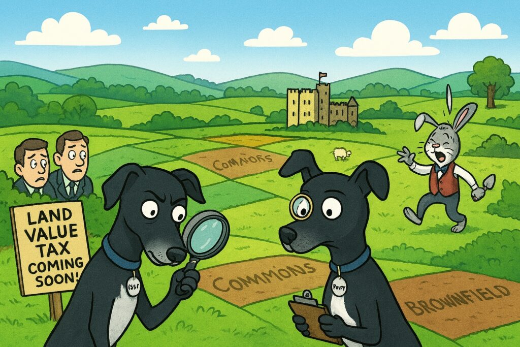 Cartoon of greyhounds Issy and Poppy investigating UK land value tax, with patchwork fields, fainting Jasper, and satirical estate references