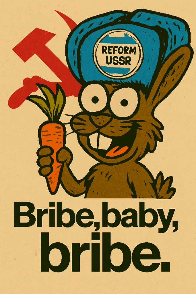 Zany cartoon rabbit wearing a blue ushanka with a “REFORM USSR” badge, holding a carrot in front of a red Soviet hammer and sickle, captioned “Bribe, baby, bribe.”