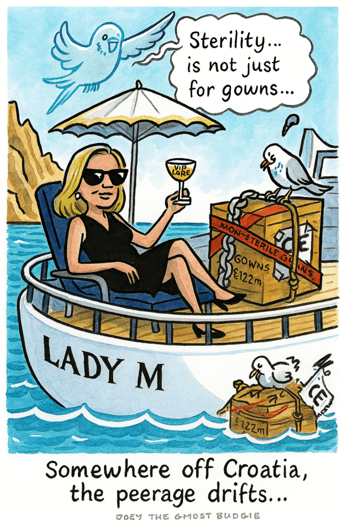 Michelle Mone lounges on Lady M yacht off Croatia, sipping from VIP Lane cocktail. Joey ghost budgie hovers above crate of non-sterile gowns.