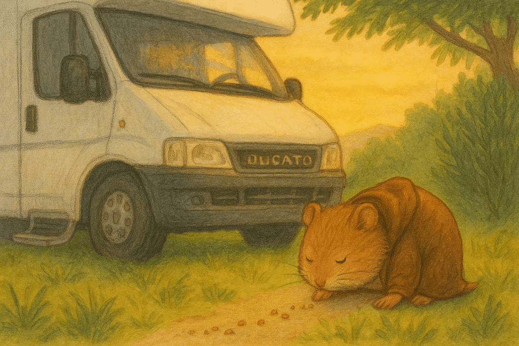 Illustration of Master Whisker-Wan, a curious hamster, sniffing at a trail of crumbs near the steps of a campervan.