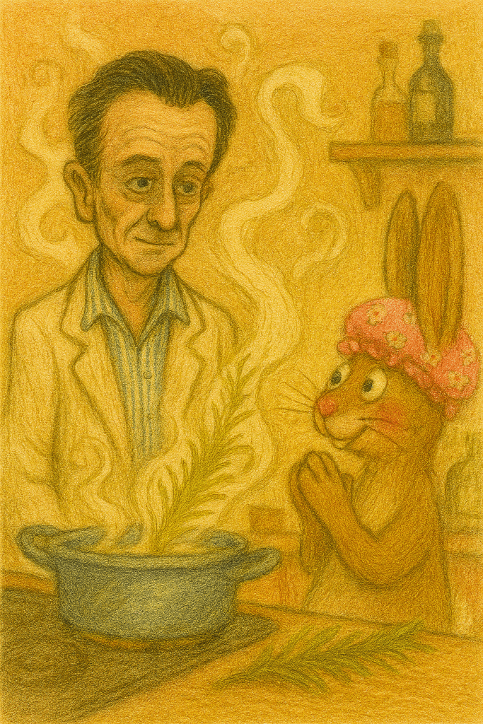 Fergal Sharkey emerges from rosemary-scented kitchen steam in an Andalusian kitchen while Jasper the rabbit applauds in a floral shower cap.
