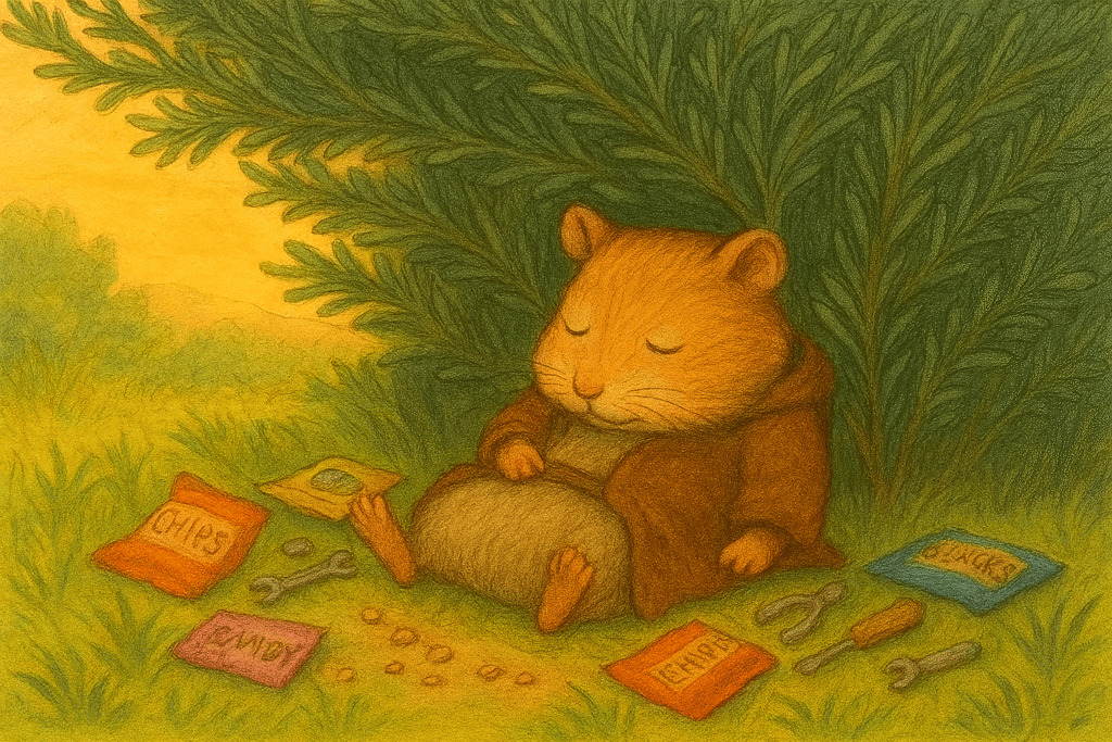 Illustration of a golden-brown hamster named Stanley lounging under a dense rosemary bush, surrounded by colorful snack wrappers and tiny tools. He wears a brown robe and appears content, with one leg stretched out and eyes closed. The scene is set in warm, late-afternoon light with soft grassy textures and a peaceful, whimsical tone.