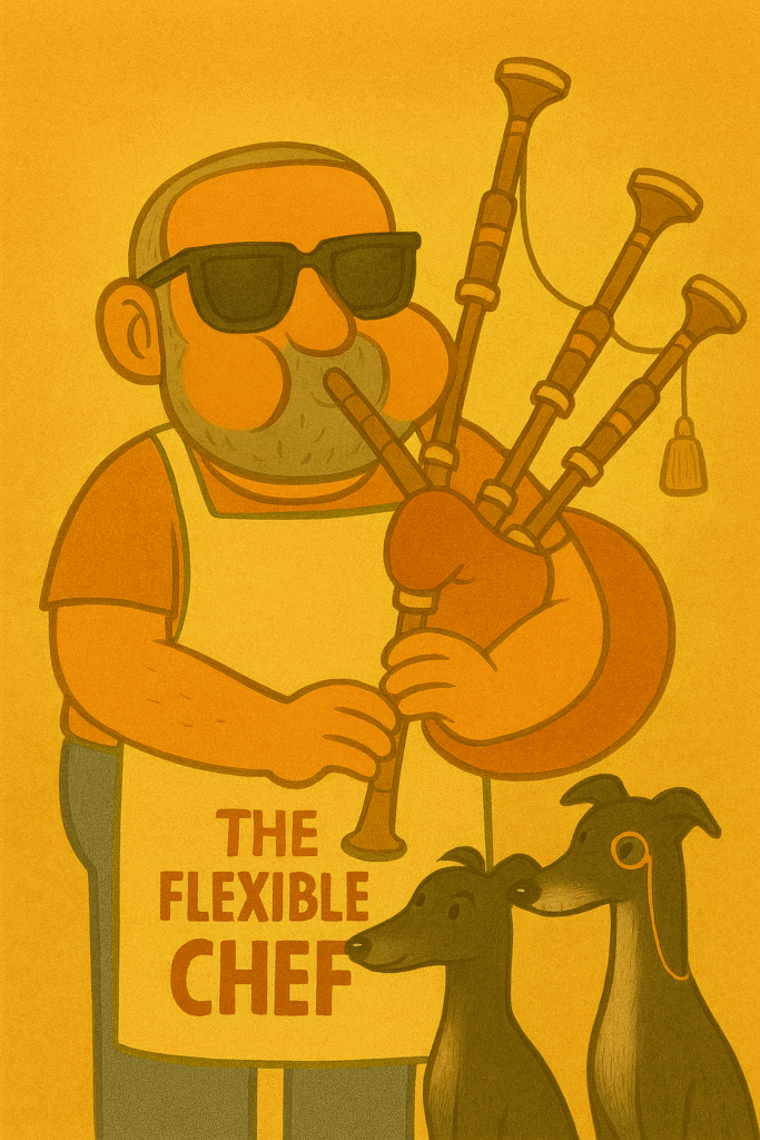 Cartoon-style illustration of a man in sunglasses and a “THE FLEXIBLE CHEF” apron playing bagpipes with bulging cheeks. He stands in a warm, golden setting while two black greyhounds with white chests watch him calmly. Whimsical and humorous atmosphere.