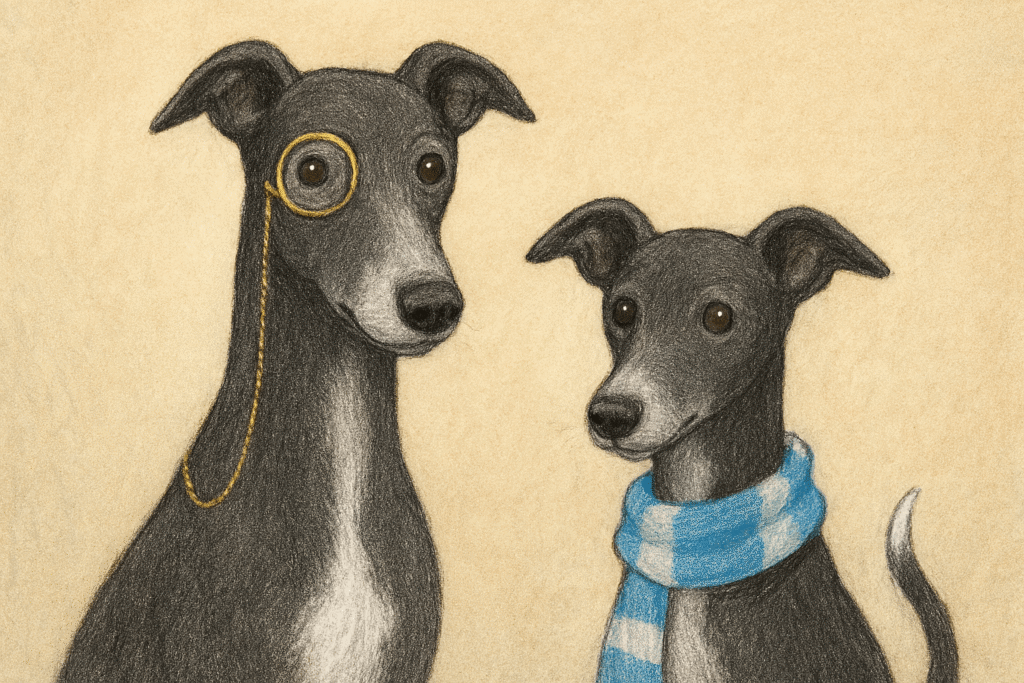 Stylized illustration of two anthropomorphic greyhound-like dogs against a plain beige background. One wears a monocle with a gold chain, giving a refined, intellectual look. The other sports a blue and white striped scarf, adding a cozy, playful touch. Their expressive features and accessories suggest distinct personalities in a whimsical, character-driven style.