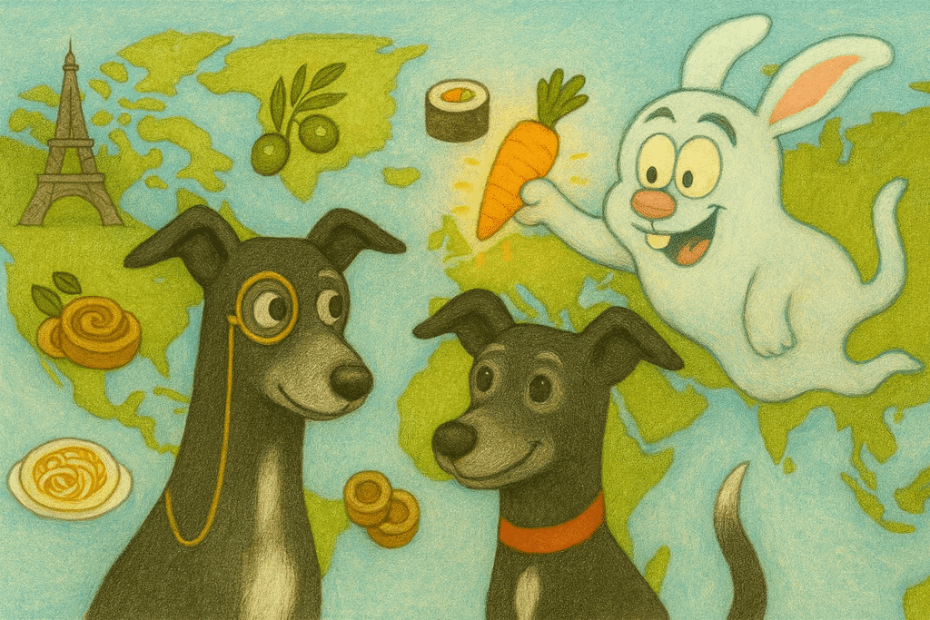 Two black greyhounds with white chests and greying snouts travel across a colorful illustrated world map. Poppy wears a gold monocle with a delicate chain. Above them floats Jasper, a cheeky ghost rabbit, joyfully crunching a glowing carrot. The map is dotted with playful icons like the Eiffel Tower, sushi, olives, pasta, and cinnamon buns. The scene is painted in bright, friendly tones with soft lighting and a hand-crafted storybook texture.