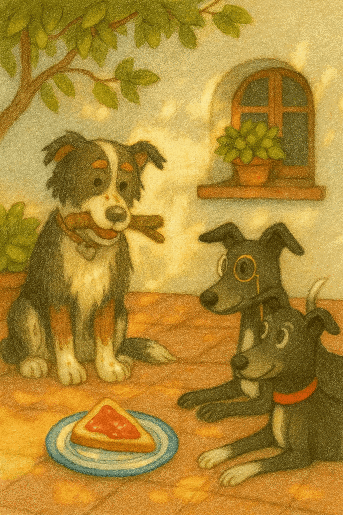 Whimsical illustration of two black greyhounds with white chests and greying snouts sitting in a sunny Spanish courtyard, facing a ghostly border collie holding a stick. One greyhound wears a gold monocle; the other has a white-tipped tail. A jam piece sits on a plate in the foreground, with biscuit crumbs nearby and warm light filtering through olive branches.